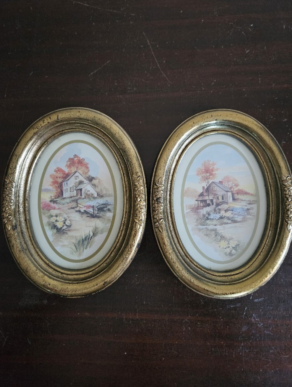 Vtg Homco Gold Oval Framed Cottage Prints Pair 9x7 Home Interiors 1983 Wall Art